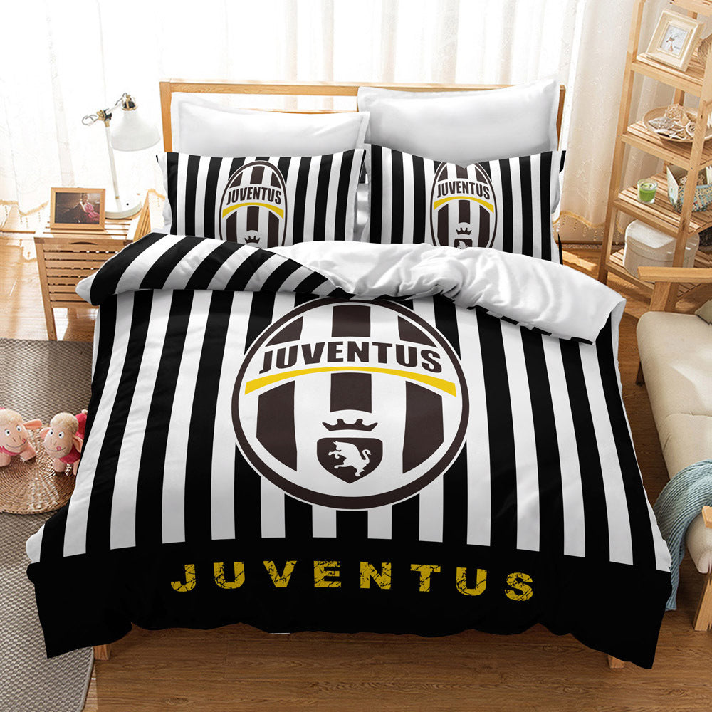Juventus FC Official Bedding Set - Classic Black & White Stripe 4-Piece Comforter Set