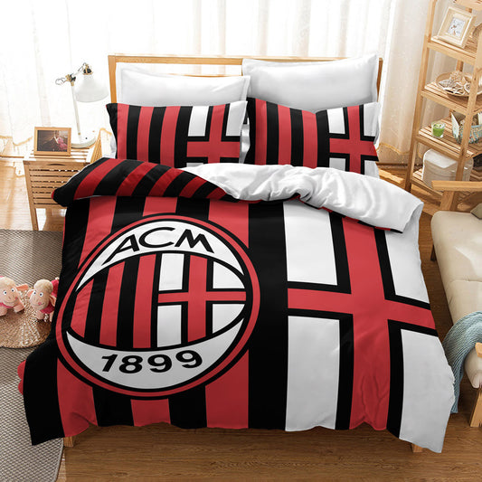 AC Milan Striped Soccer Bedding Set – Classic Red & Black Comforter with Club Crest for Football Fans
