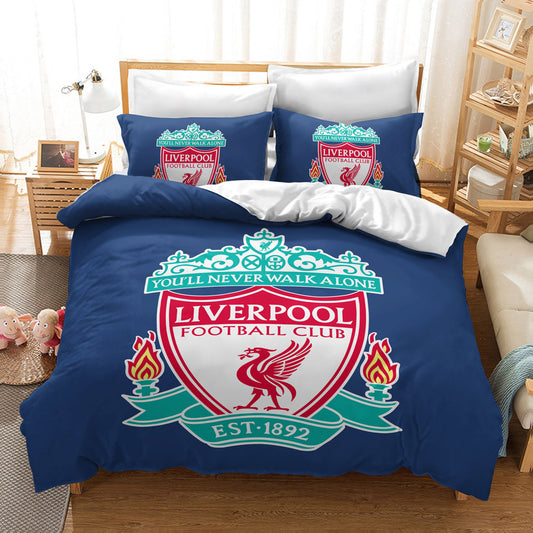 Liverpool FC Official Bedding Set - Navy Blue Crest & Slogan 4-Piece Comforter Set